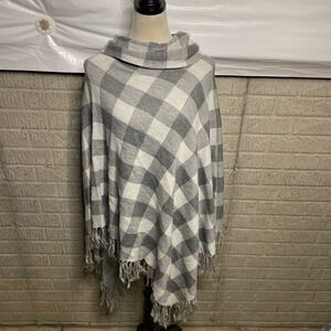 The Limited Womens Gray Buffalo‎ Plaid Fringe Hem Cowl Neck Poncho Size M/L